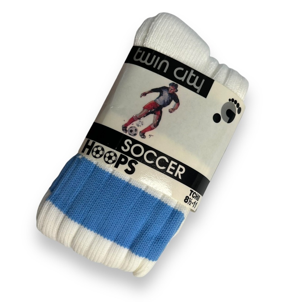 Twin City Soccer Hoops Socks White Blue Striped Youth 6-12 Adult 4.5-8 TCH8 NEW
